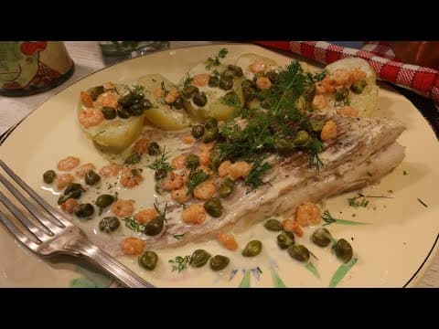 Skate wing with cream, capers and pink shrimp