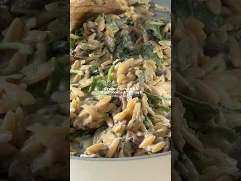Creamy Mushroom Orzo w Spinach & Parmesan, easy lazy dinner, one pot 🤎 Recipe below!
