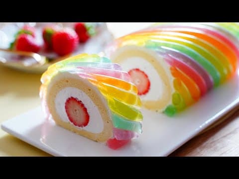 레인보우 젤리 딸기 생크림 롤케이크 🌈 / Rainbow Jelly Roll Cake / Amazing cake / Cup measure