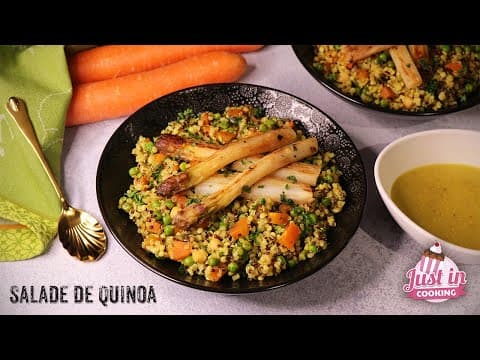 Salade de quinoa aux petits pois, carottes et asperges rôties