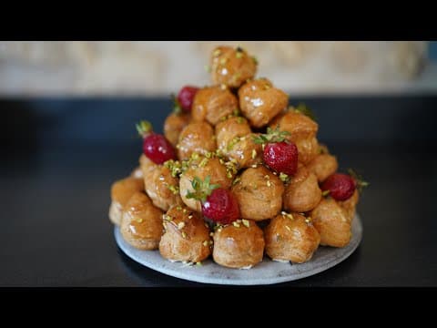 Small homemade stacked pieces (choux with pastry cream and caramel)