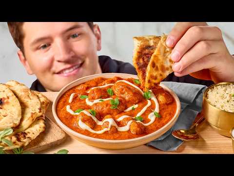 Butter Chicken with Basmati Rice, Naan, and Papadum