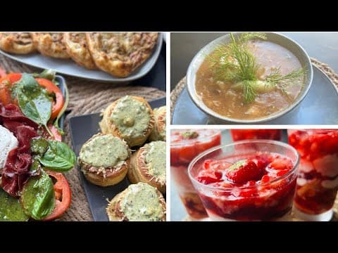 Complete menu: Fish soup, Shrimp vol‑au‑vent, Mushroom puff pastries and strawberry‑mascarpone dessert