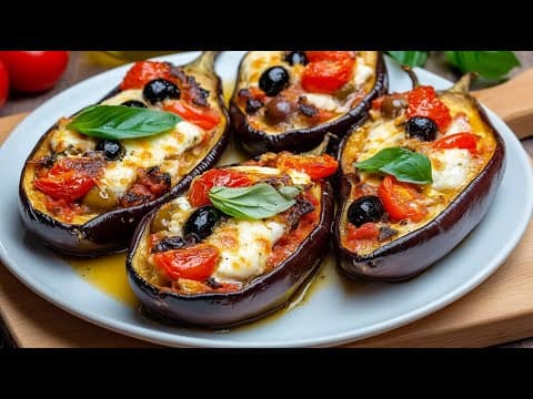 Oven‑Roasted Eggplant with Cherry Tomatoes, Buffalo Mozzarella, and Olives
