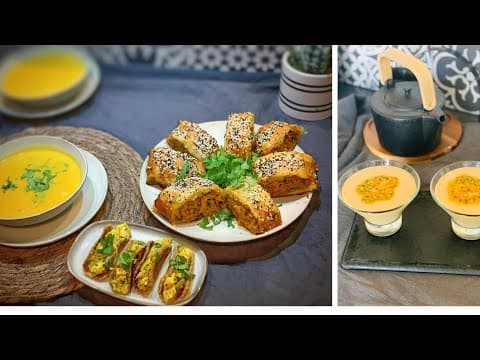 Menu spécial Ramadan – Rouleaux filo aux légumes et saumon, mini tacos au poulet, soupe de potiron coco, mousse mangue-banane