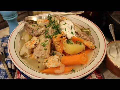 Skate (dogfish) stew with vegetables and shrimp