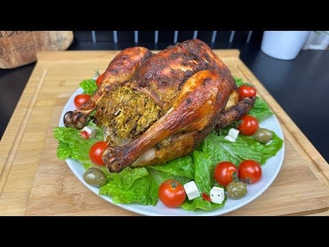 Poulet rôti farci aux vermicelles chinois, champignons noirs et olives