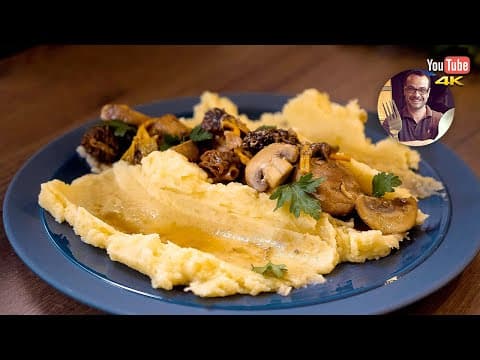 Braised veal knuckle with seasonal mushrooms and mashed potatoes