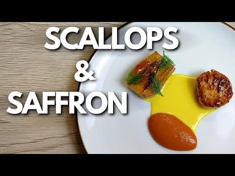 Seared Scallops with Saffron Cream Sauce, Tomato Puree, and Caramelized Fennel