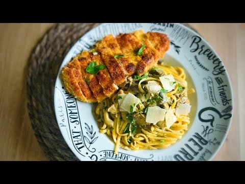 Linguine Pasta with Mushroom Alfredo Sauce and Crispy Chicken