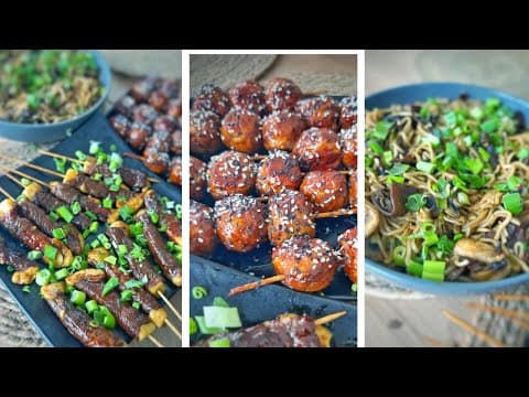Menu Yakitori Japonais – Boulettes de Poulet, Brochettes de Bœuf au Fromage et Nouilles Sautées aux Champignons