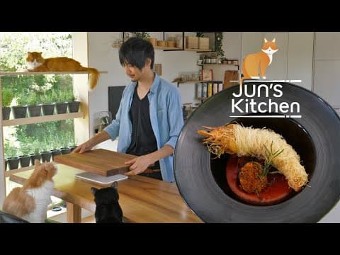 Spicy Shrimp Wrapped in Zucchini with Tomato Sauce and Crispy Eggplant