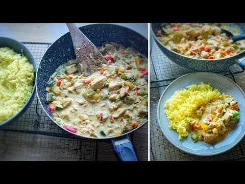 Poulet crémeux au Boursin et légumes, riz basmati au safran