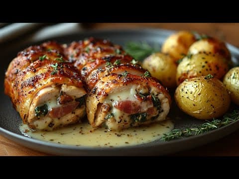 Pan-Seared Chicken Breast with Parma Ham, Spinach & Gruyère, Roasted Rosemary Potatoes and White Wine Cream Sauce