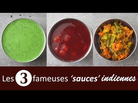 Three Indian sauces: mint green sauce, sweet tamarind sauce, spicy pickle sauce